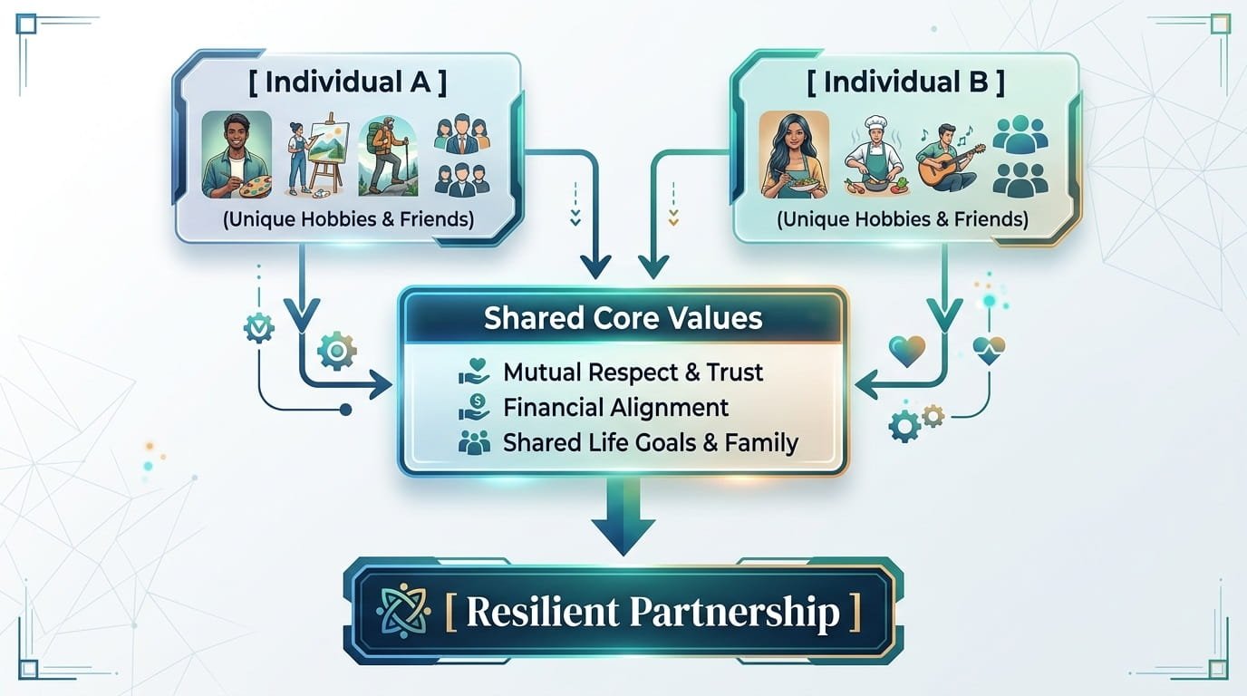 How two individuals maintain unique hobbies while building a resilient partnership through shared core values and trust.
