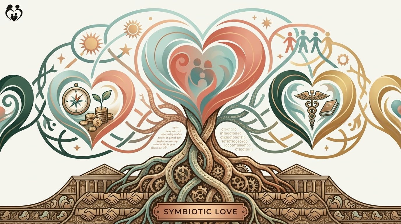 An abstract diagram illustrating a symbiotic relationship meaning in love and healthy emotional interdependence between partners.
