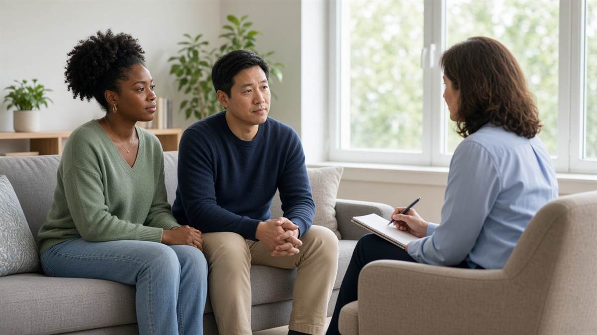 Couples therapy session Couple speaking with a professional counselor during a therapy session