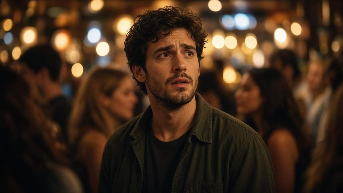 Feeling alone inside a crowded modern dating scene One person in focus inside a softly lit crowded room of blurred lights