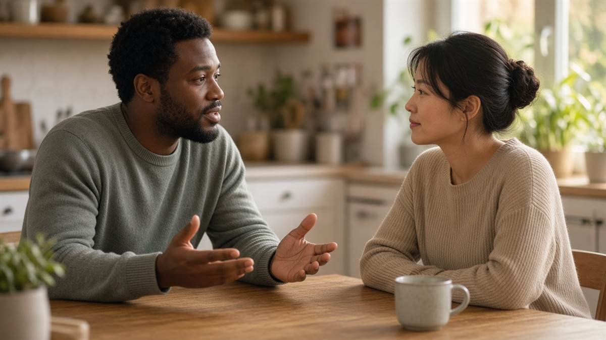Healthy communication for couples Couple practicing healthy communication at a kitchen table