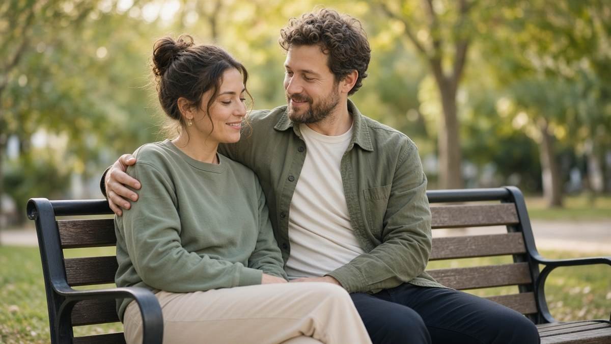 Partners sitting close after a regulated conversation, relaxed posture