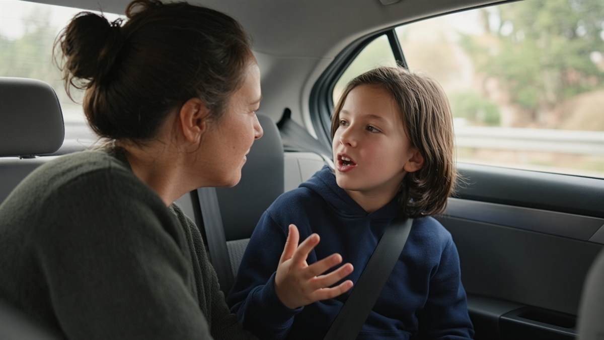 Parent kneeling to child eye level during calm conversation