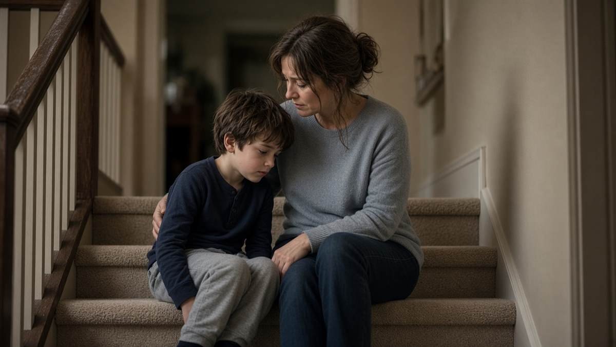 Parent and child practicing deep breathing together on floor mat