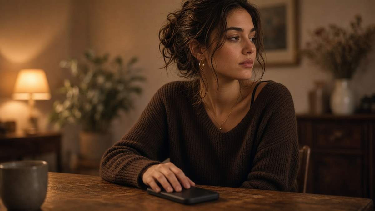 Setting the phone down to pause dating app burnout Person setting a phone face down on a table to step away from dating apps