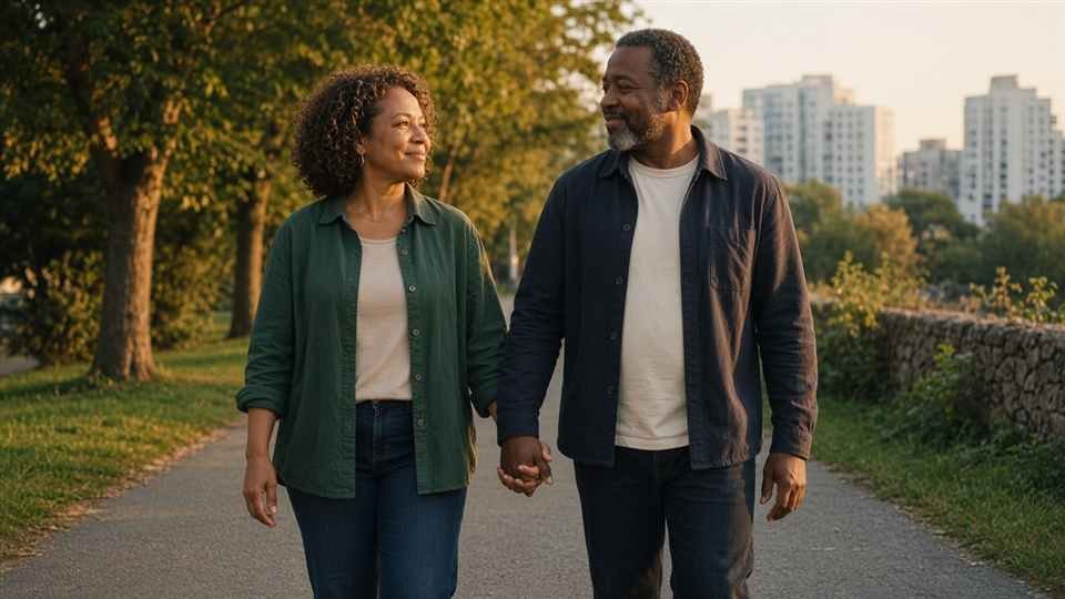 Rebuilding trust in relationships Supportive couple walking together while rebuilding connection and trust