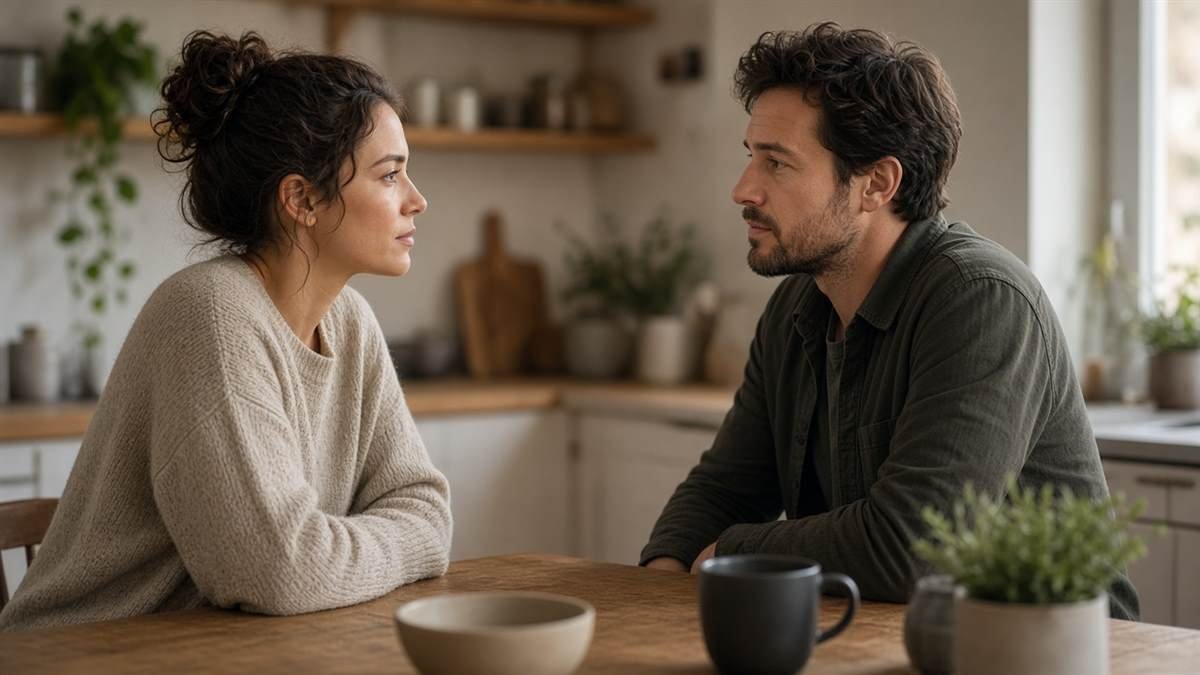 Couple having a calm conversation about boundaries and shared responsibilities