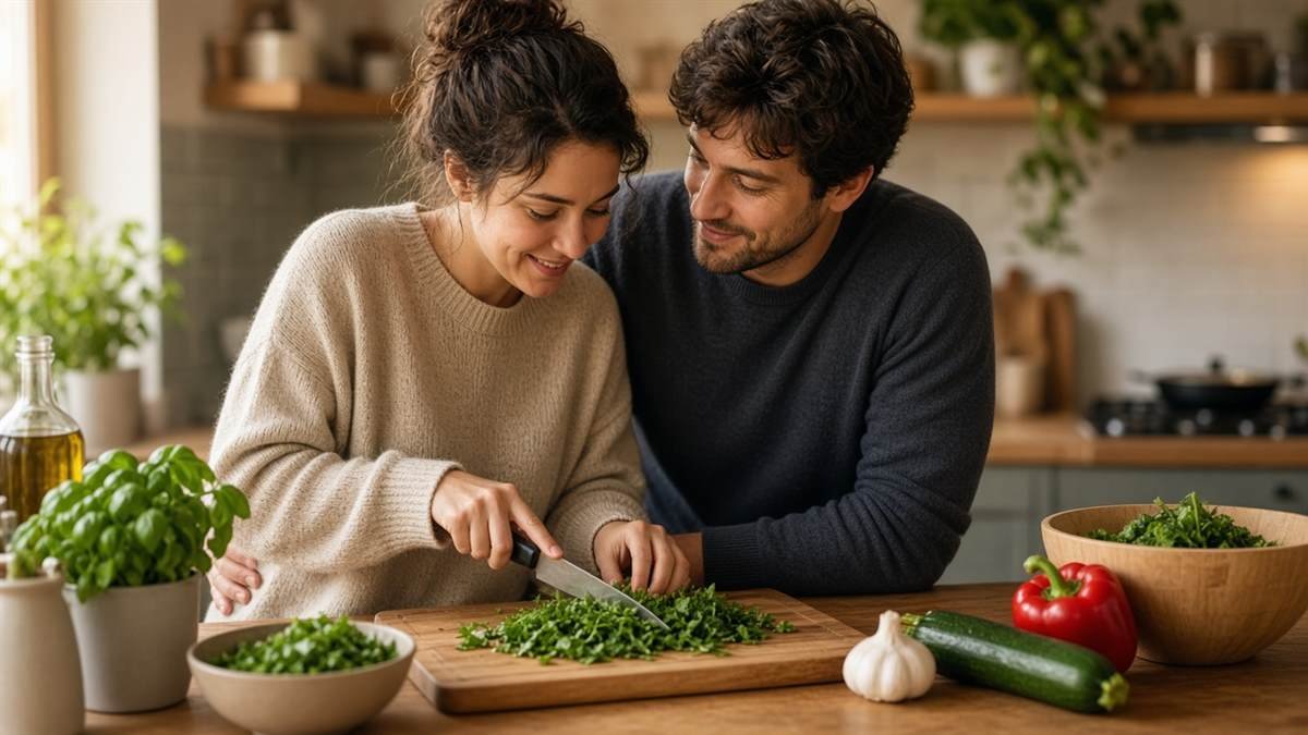 Couple collaborating on a shared project at a kitchen table